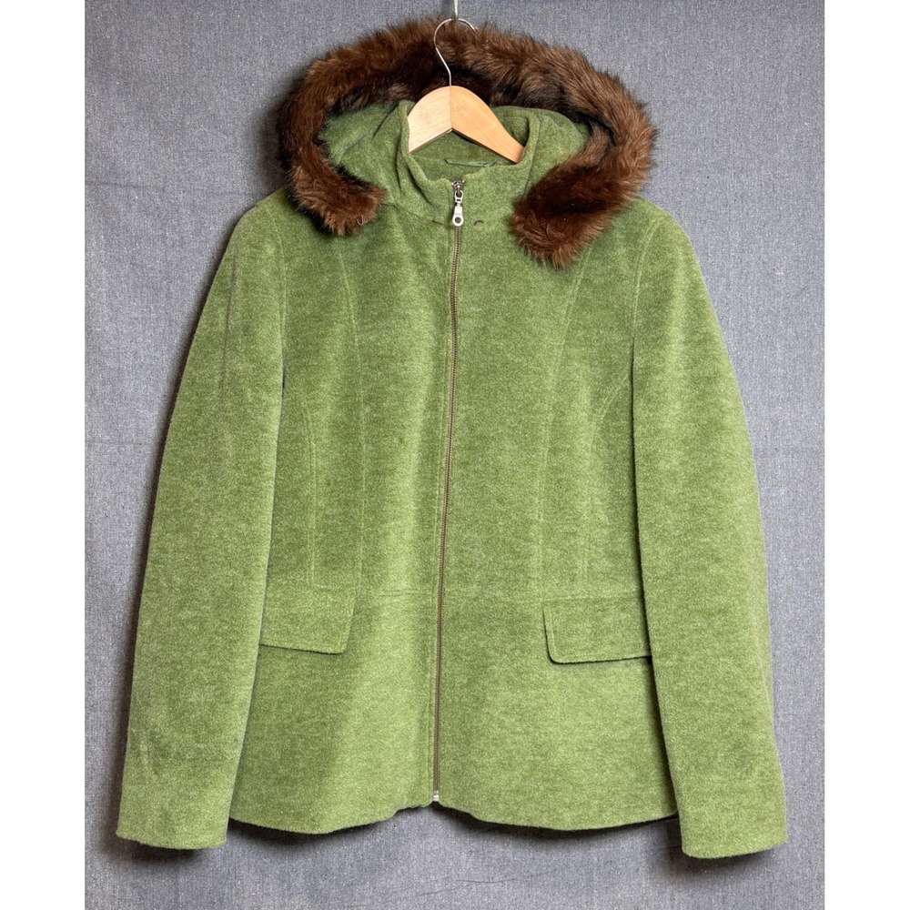LL Bean Womens XL Green‎ Wool Blend Faux Fur Trim Hooded Zip Up Jacket Coat